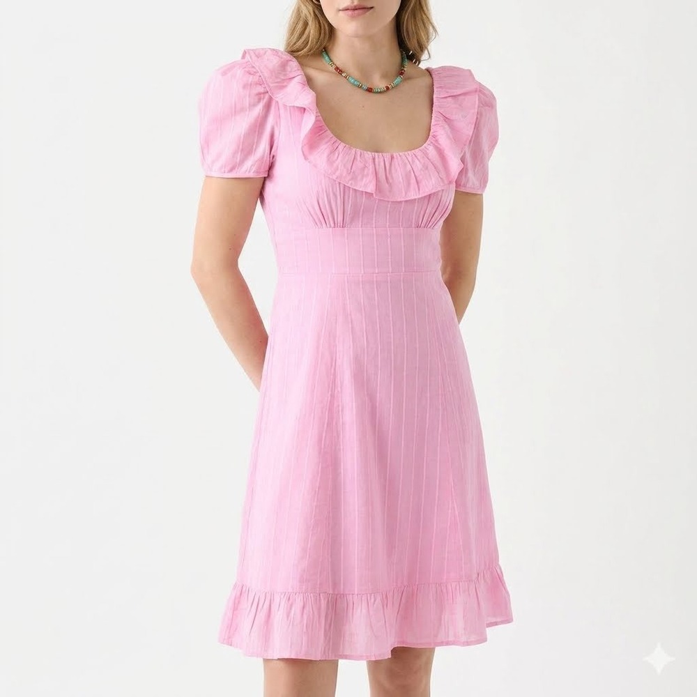 Never A Wallflower Pink Dobby Ruffle Mini Dress Puff Sleeve XS NEW